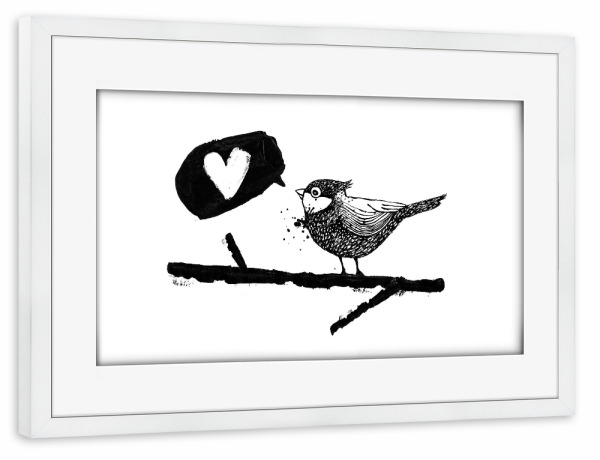 Poster mit Rahmen weiß "Vogelgezwitscher" artboxONE - Tiere,Comic,Schwarzweiß,Liebe,Für Mama