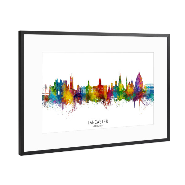 Poster mit Rahmen Schwarz (Metallic) "Lancaster England Skyline txt" artboxONE - Städte