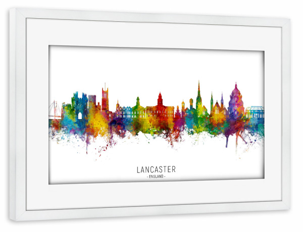 Poster mit Rahmen weiß "Lancaster England Skyline txt" artboxONE - Städte
