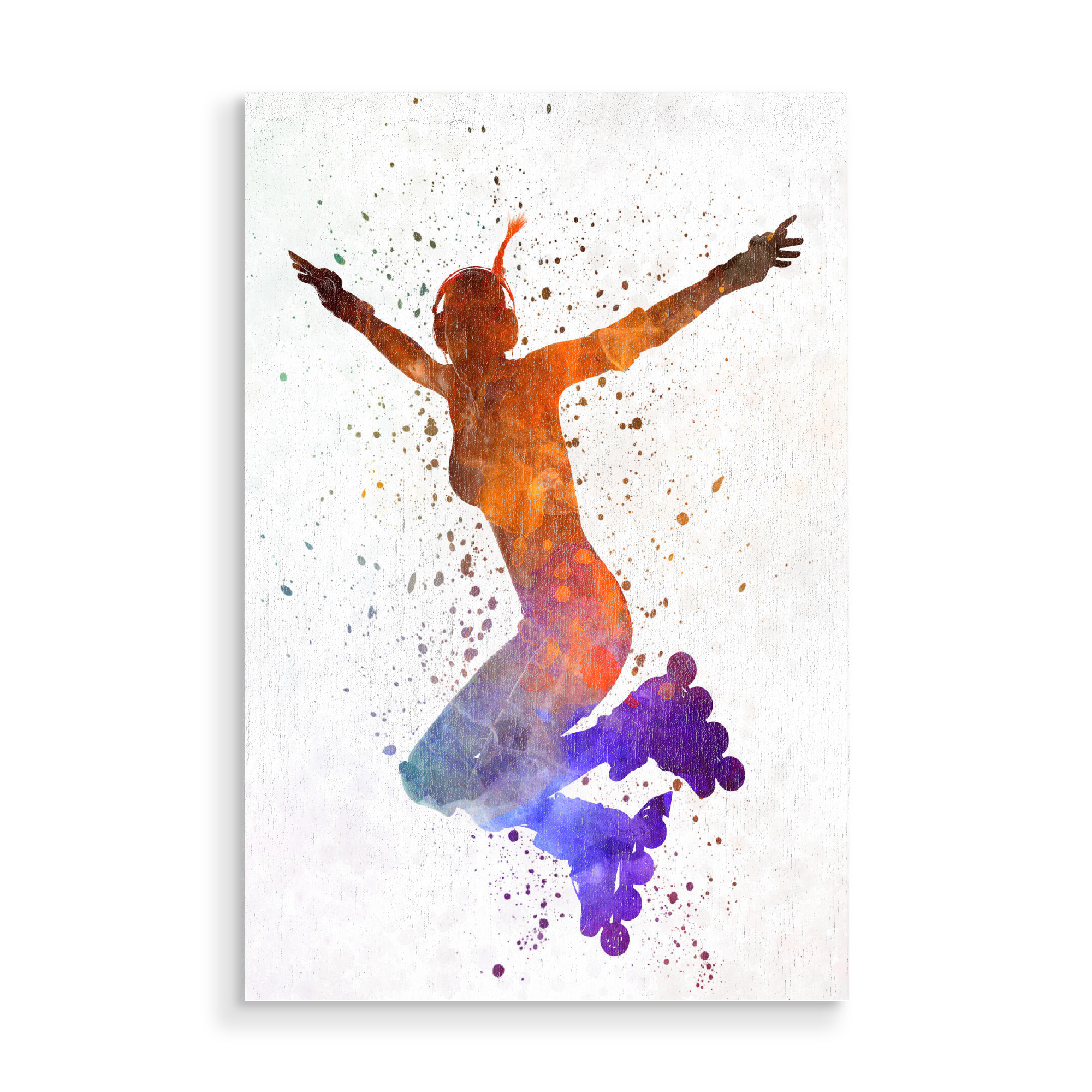 Holzbild "Woman in roller skates-e" artboxONE - Sport - Sport,Sports,Color,Illustration,Watercolor,Skating,Skater,Roller skating,Inline skating,Jump