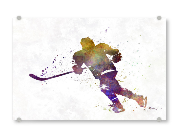 Acrylglasbild "Hockey skater with stick" artboxONE - Sport - Sport,Sports,Color,Illustration,Hockey,Ice hockey,Stick,Watercolor,Championship,Winner