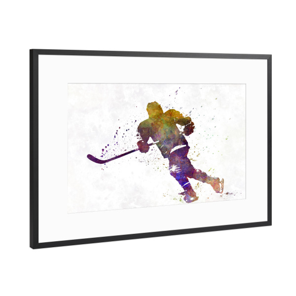 Poster mit Rahmen Schwarz (Metallic) "Hockey skater with stick" artboxONE - Sport