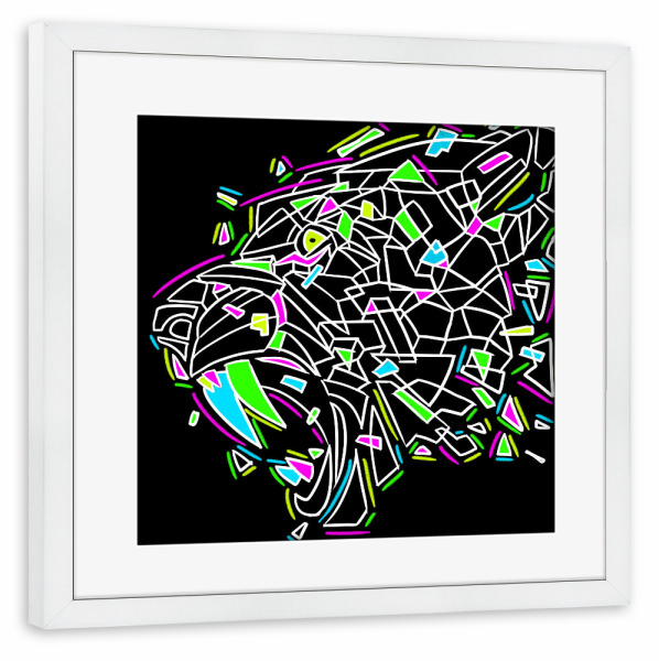 Poster mit Rahmen weiß "Neon teeth" artboxONE - Tiere - Sabertooth,Tiger,Predator,Wild,Graffiti,Tattoo,Lion,Dinosaur,Tier,Animal,Bunt,Colorful,Zähne
