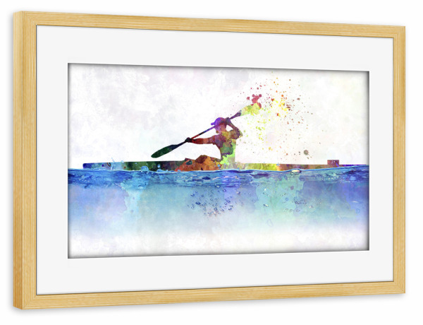 Poster mit Rahmen kiefer "Young man paddling in kayak" artboxONE - Sport