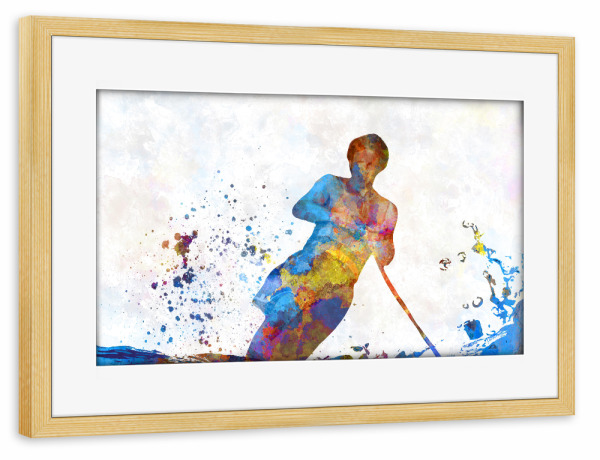 Poster mit Rahmen kiefer "Water skiing in watercolor-b" artboxONE - Sport - Sport,Sports,Color,Ski,Waterski,Jump,Colorful,Water,Bunt,Wasserski