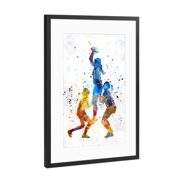 Poster mit Rahmen Schwarz (Metallic) "Rugby Women in watercolor" artboxONE - Sport