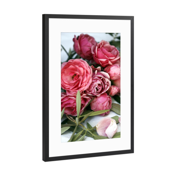 Poster mit Rahmen Schwarz (Metallic) "Rosen und Olivenbaum Blätter" artboxONE - Natur,Floral,Liebe,Für Mama