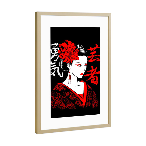 Poster mit Rahmen Gold "Japanese Geisha Kanji" artboxONE - Comic,Städte / Tokio