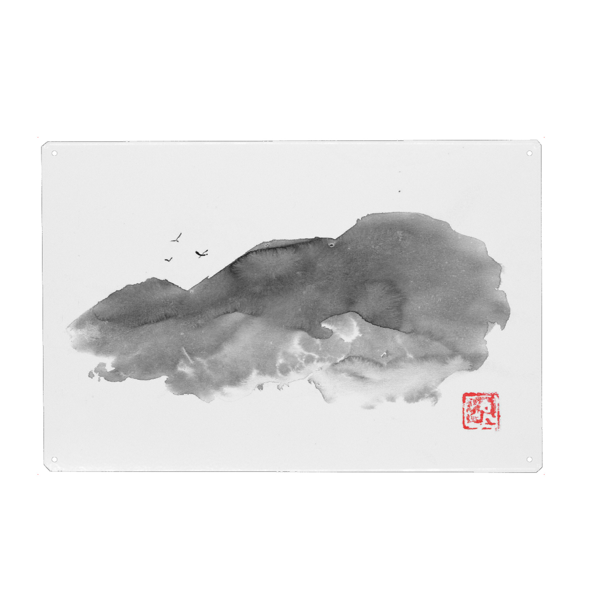 Holzbild "Birds on the mountain" artboxONE - Natur,Schwarzweiß - Montagne,Sumie,Japon,Des oiseaux,Vögel,Birds,Berge,Mountains,Grau,Grey