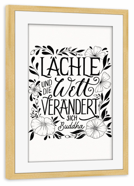 Poster mit Rahmen kiefer "Lächle. Lettering und Florales" artboxONE - Typografie,Floral