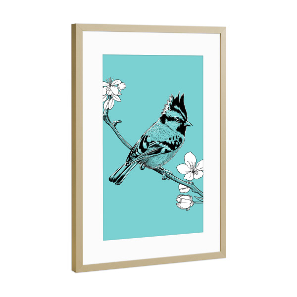 Poster mit Rahmen Gold "Crested Sparrow on a branch" artboxONE - Floral,Tiere