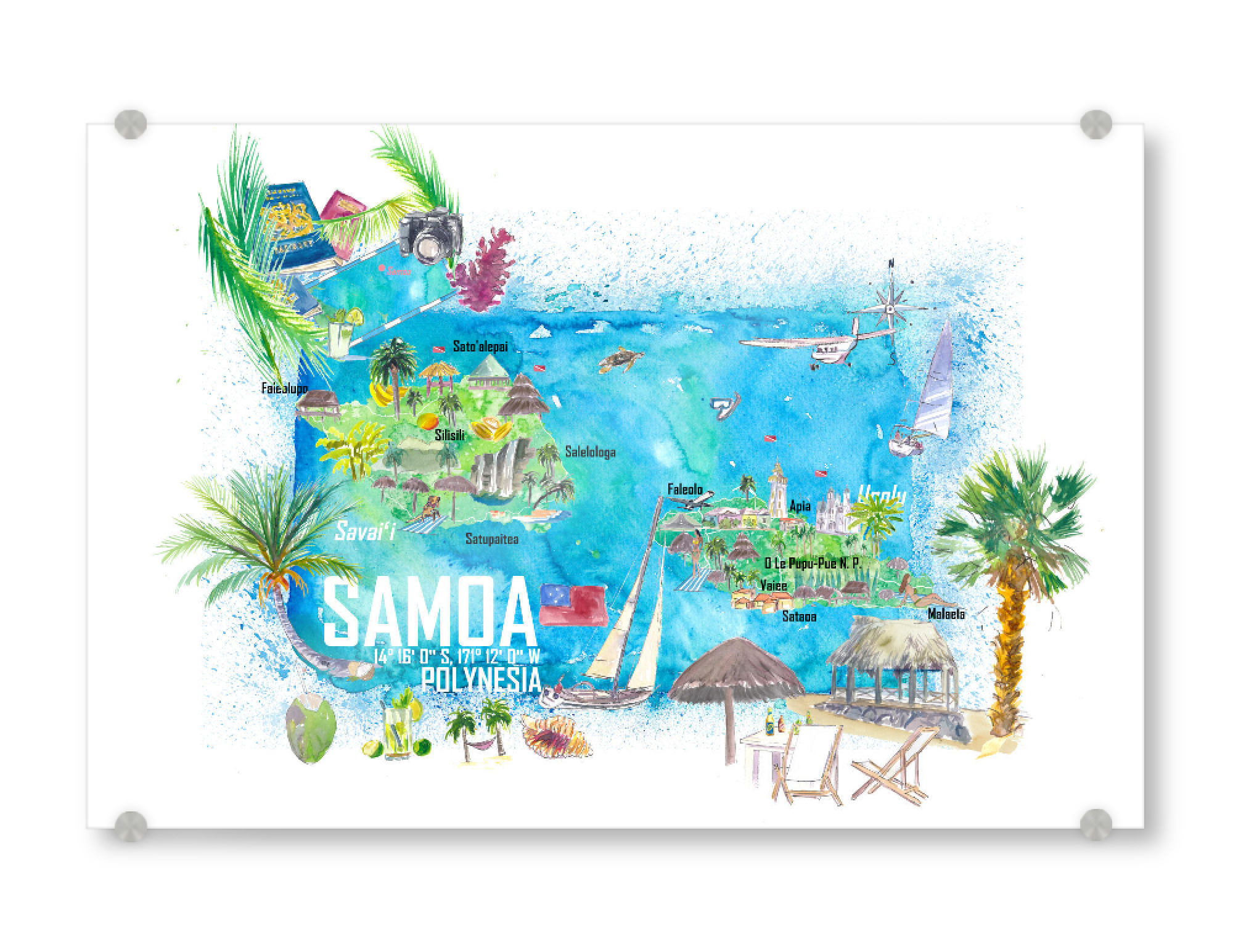 Acrylglasbild "Samoa Illustrierte Karte" artboxONE - Reise,Reise / Strand und Meer,Kartografie