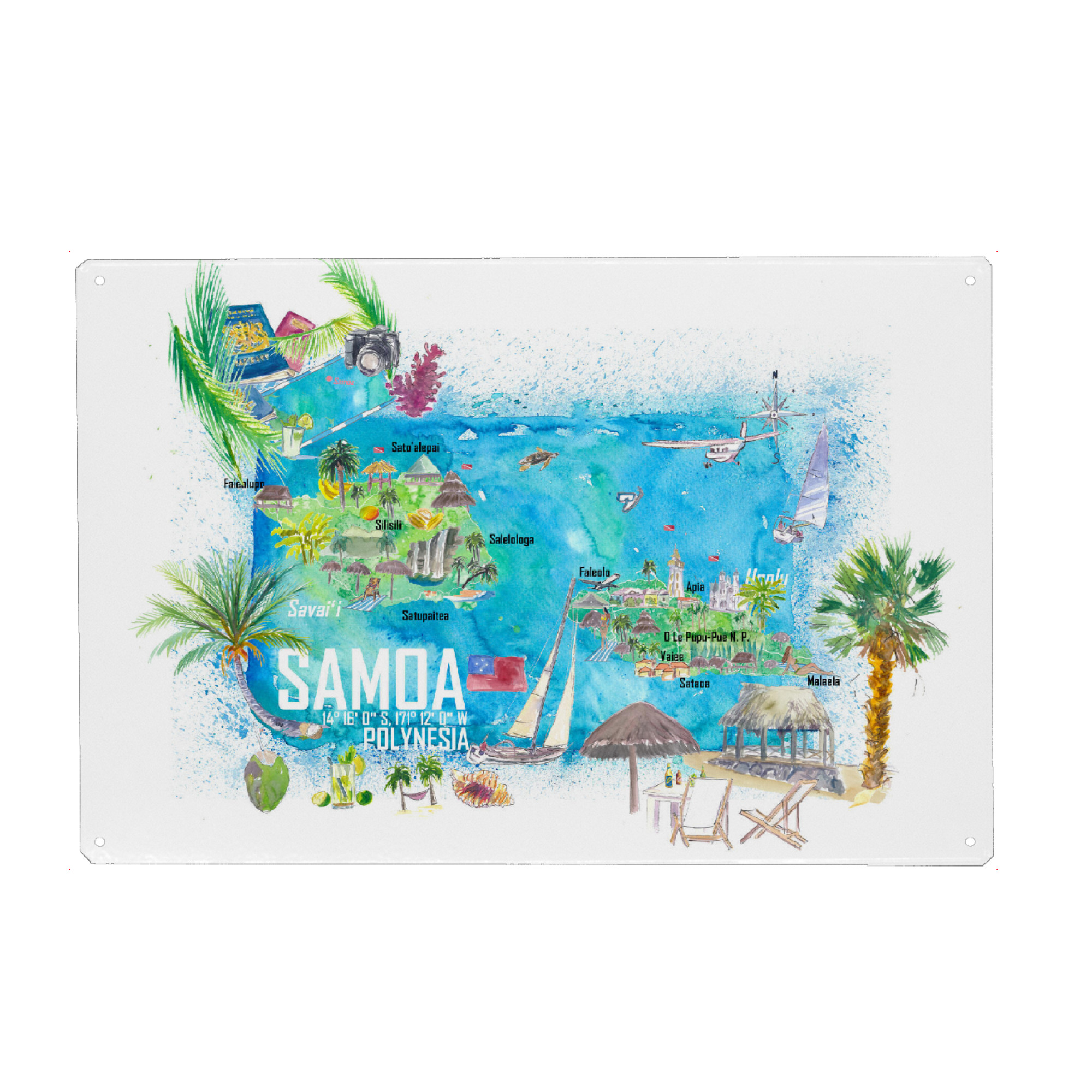 Metall Poster "Samoa Illustrierte Karte" artboxONE - Reise,Reise / Strand und Meer,Kartografie