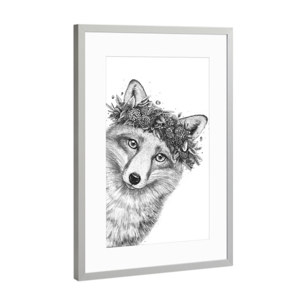 Poster mit Rahmen Silber "Fox with wreath" artboxONE - Natur,Floral,Tiere,Weihnachten,Lustig