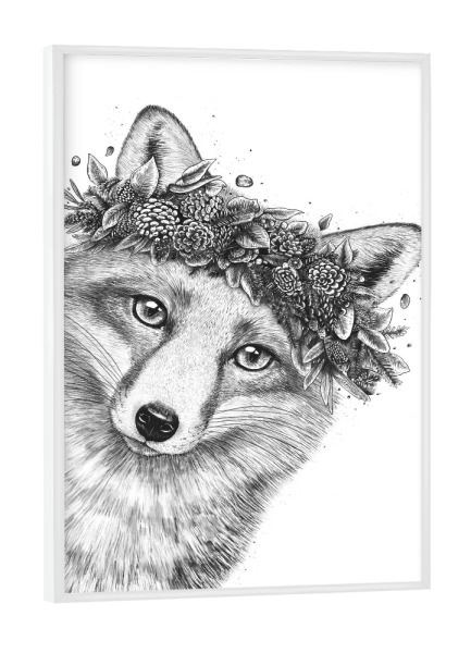 Poster mit weißem Rahmen "Fox with wreath" artboxONE - Natur,Floral,Tiere,Weihnachten,Lustig