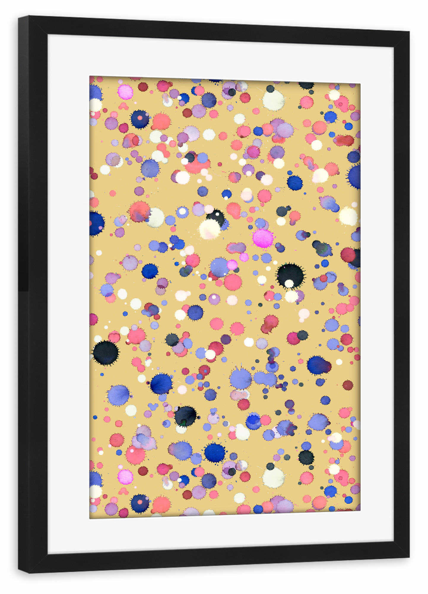 Poster mit Rahmen schwarz "Drops Dots Watercolor Mustard" artboxONE - Abstrakt,Festivals,Lustig