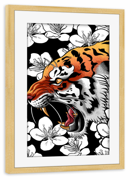 Poster mit Rahmen kiefer "Tiger tattoo cherry tree" artboxONE - Tiere,Comic