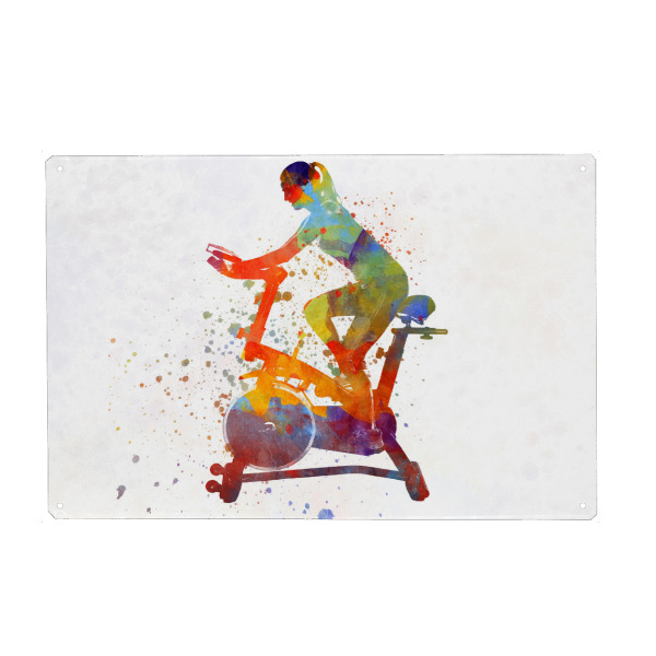 Holzbild "Stationary bike in watercolor" artboxONE - Sport - Sport,Sports,Illustration,Watercolor,Exercise bike,Gym,Bicycle,Woman,Color,Decorative