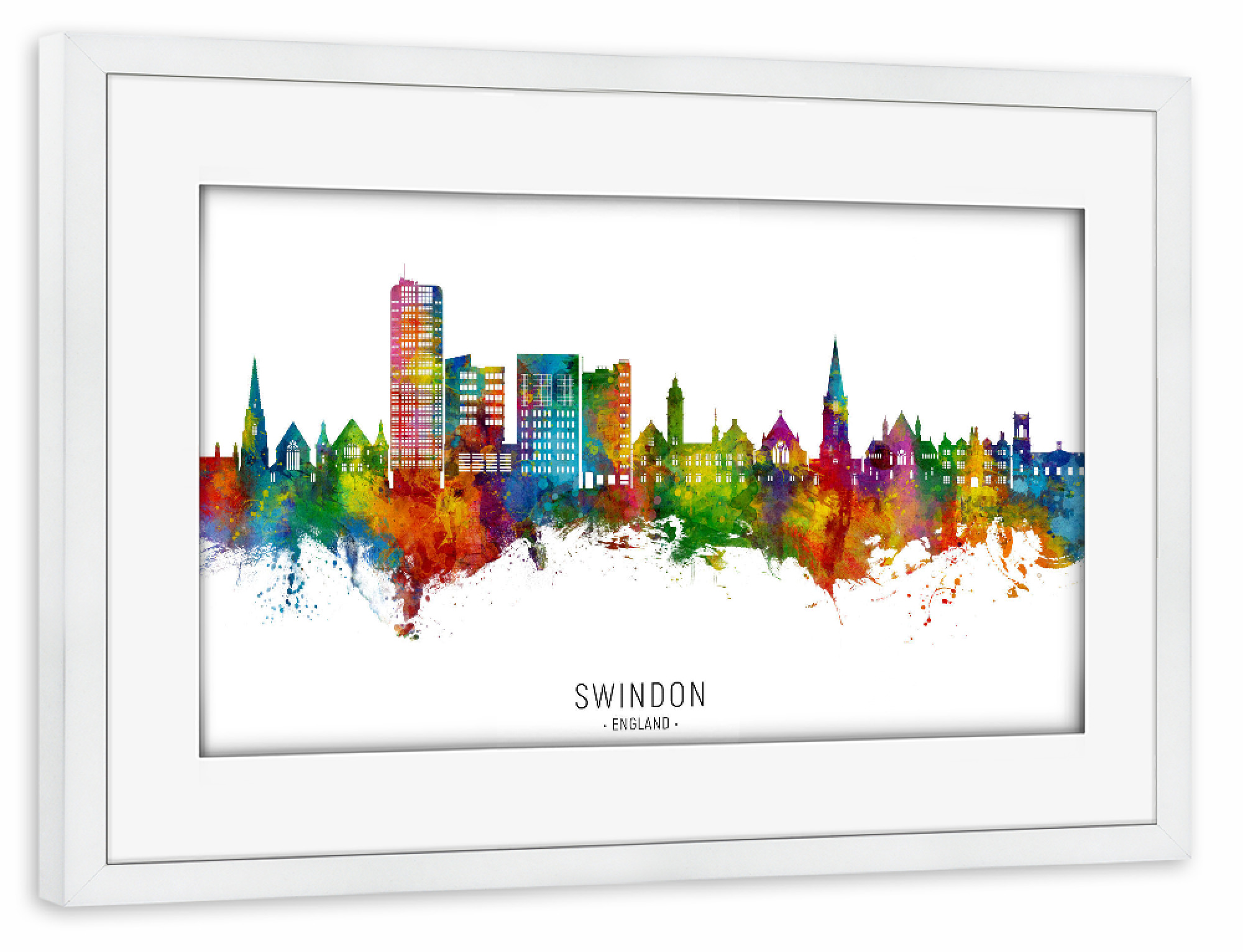 Poster mit Rahmen weiß "Swindon England Skyline txt" artboxONE - Städte