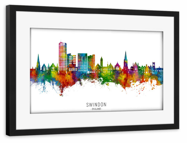 Poster mit Rahmen schwarz "Swindon England Skyline txt" artboxONE - Städte