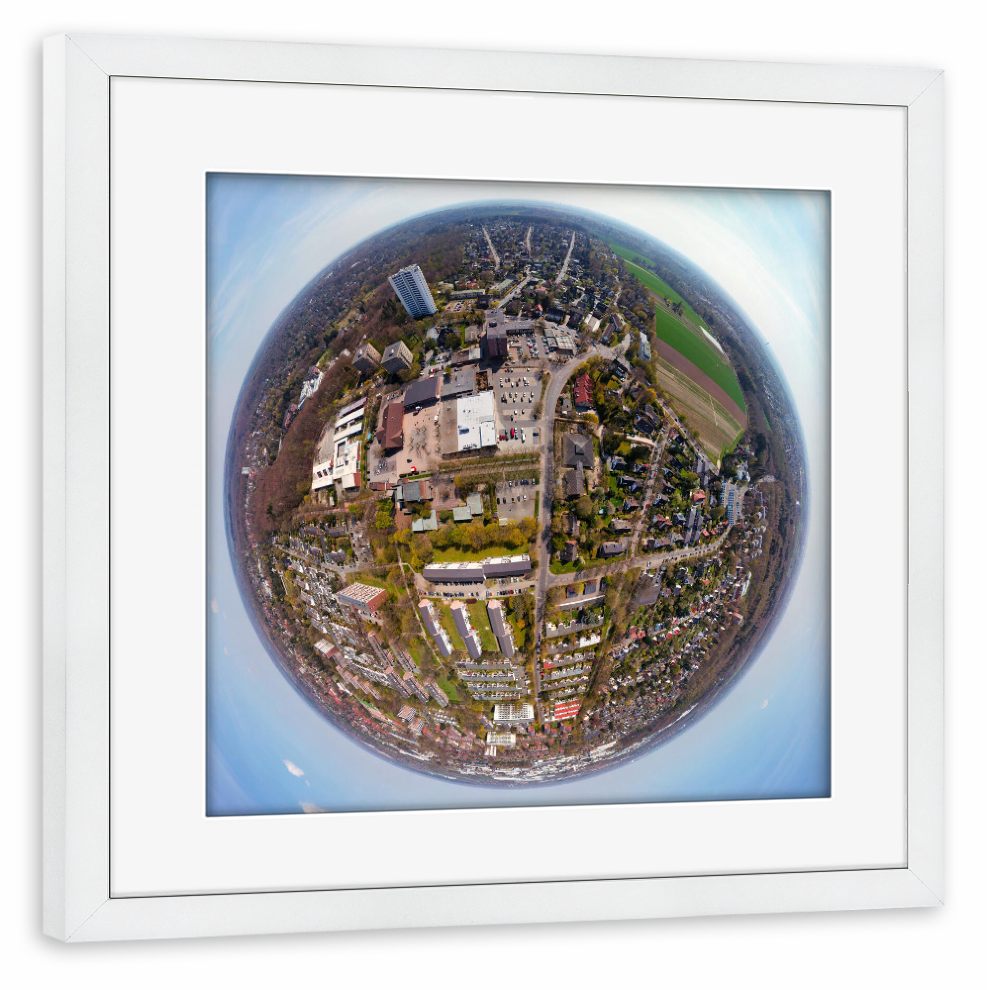 Poster mit Rahmen weiß "Reinbek, EKZ Am Ladenzentrum; high" artboxONE - Architektur