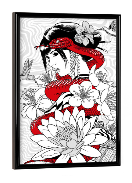 Poster mit schwarzem Rahmen "Snake and Colibri with Geisha" artboxONE - Floral,Comic,Städte / Tokio
