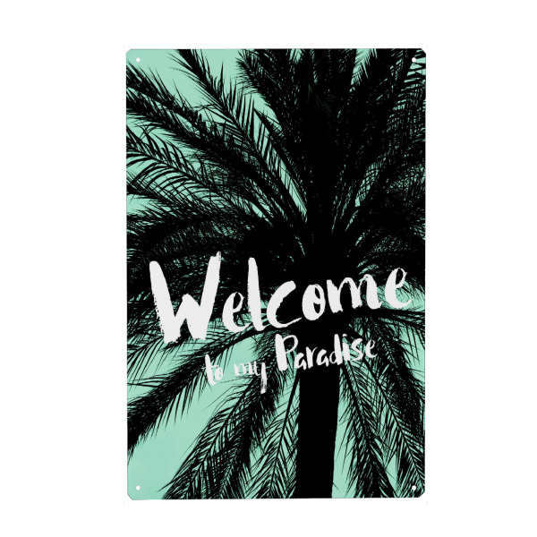 Holzbild "Welcome to my Paradise, Boho Grün" artboxONE - Typografie,Natur,Floral,Abstrakt,Lustig