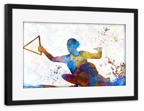 Poster mit Rahmen schwarz "Water skiing in watercolor-c" artboxONE - Sport - Sport,Sports,Color,Illustration,Ski,Waterski,Jump,Colorful,Water