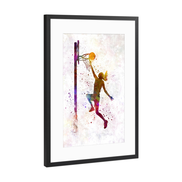 Poster mit Rahmen Schwarz (Metallic) "Young woman basketball player-d" artboxONE - Sport