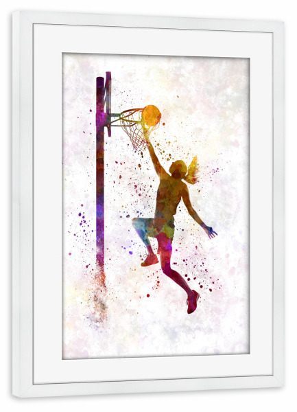 Poster mit Rahmen weiß "Young woman basketball player-d" artboxONE - Sport - Sport,Sports,Color,Ball,Basketball,Court,Scorer,Stadium,Basketball player