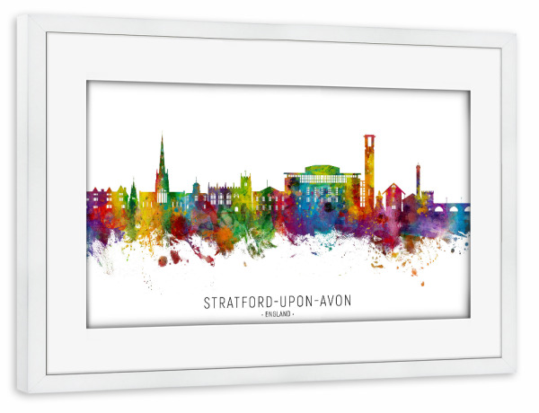 Poster mit Rahmen weiß "Stratford-upon-Avon Skyline txt" artboxONE - Städte
