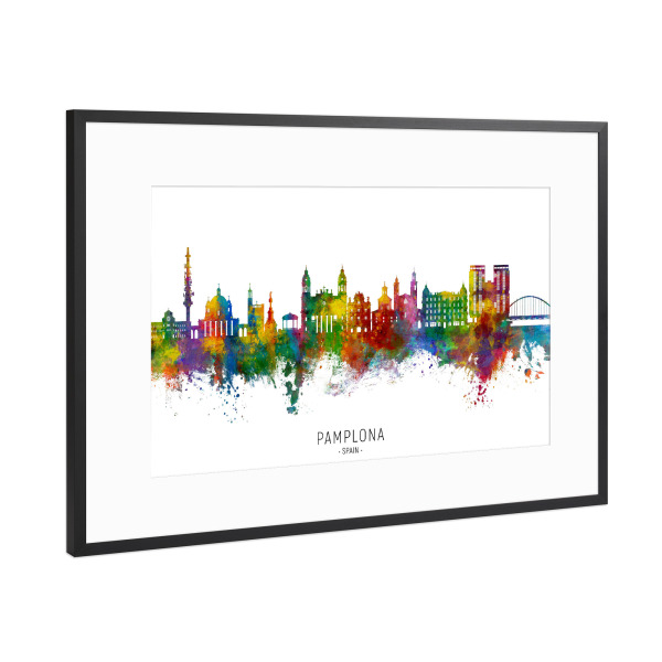 Poster mit Rahmen Schwarz (Metallic) "Pamplona Spain Skyline txt" artboxONE - Städte
