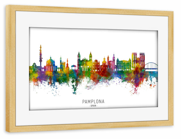 Poster mit Rahmen kiefer "Pamplona Spain Skyline txt" artboxONE - Städte