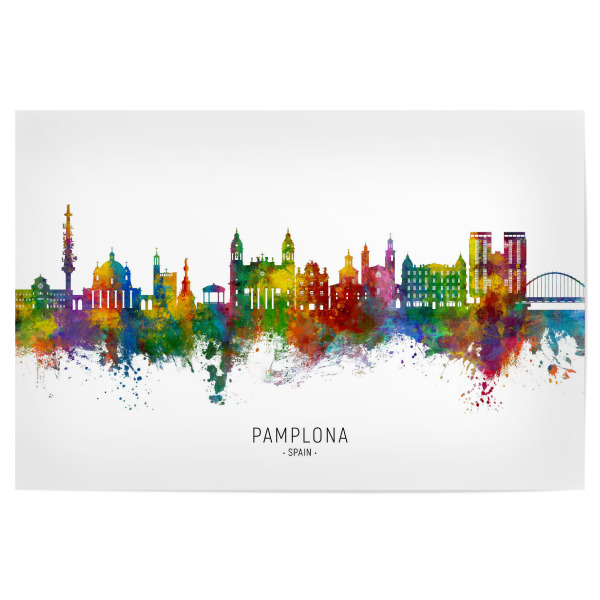 Poster "Pamplona Spain Skyline txt" artboxONE - Städte - Pamplona,Spain,Skyline,Cityscape,Stadtbild,Watercolor,Stadt,Spanien,Bunt,Colorful