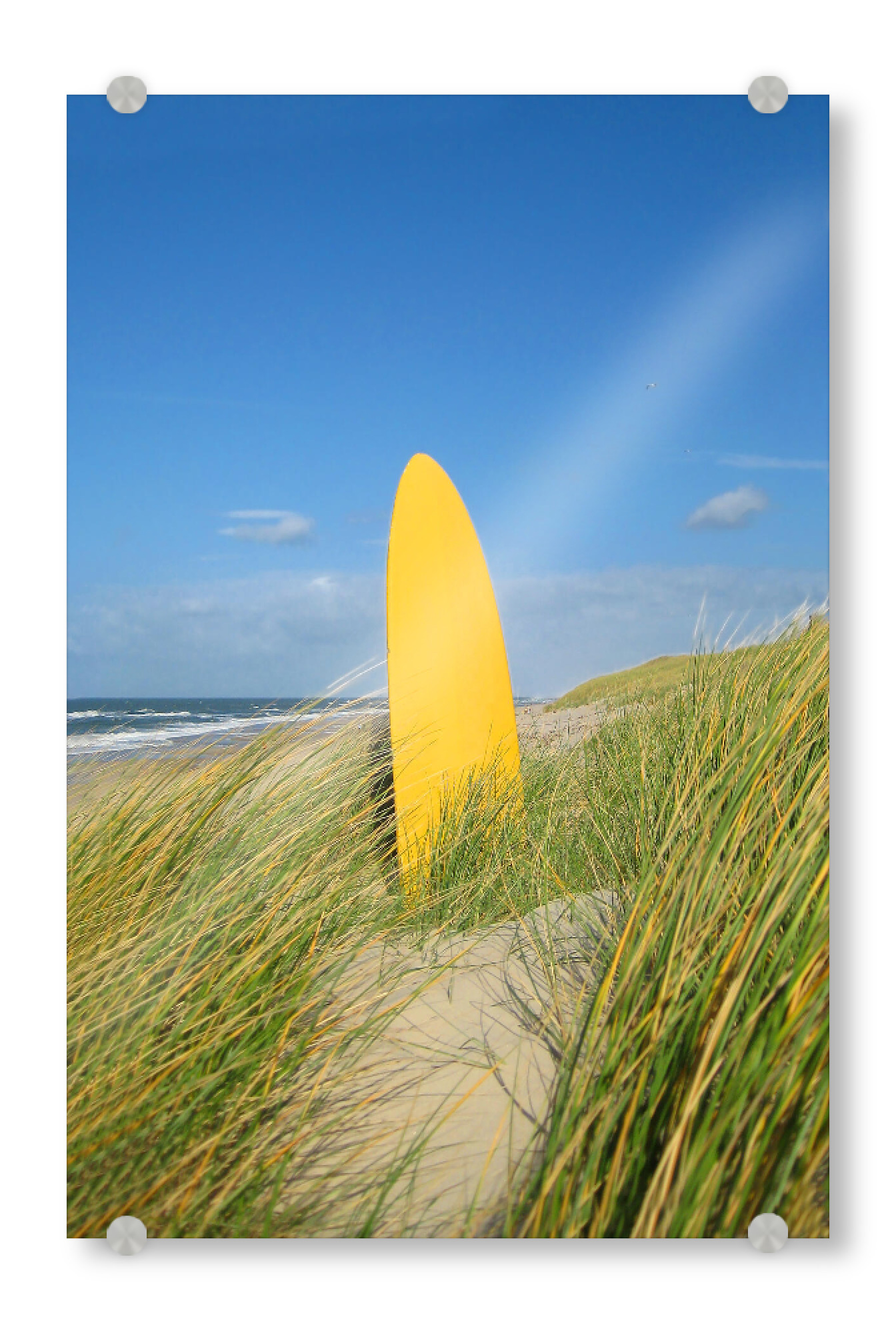 Acrylglasbild "Surfbrett in den Dünen" artboxONE - Menschen,Reise / Strand und Meer,Sport / Sommerspiele