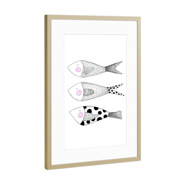 Poster mit Rahmen Gold "Bianca Peters - Drei kleine Fische" artboxONE - Tiere,Schwarzweiß,Unterwasser