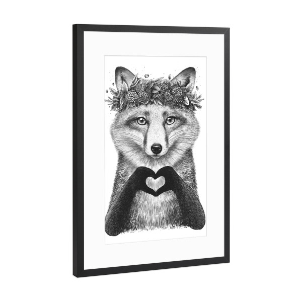 Poster mit Rahmen Schwarz (Metallic) "Fox with love" artboxONE - Floral,Tiere,Liebe