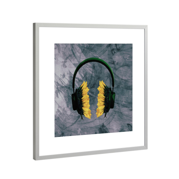 Poster mit Rahmen Silber "Sunflower headphones" artboxONE - Natur,Floral,Musik