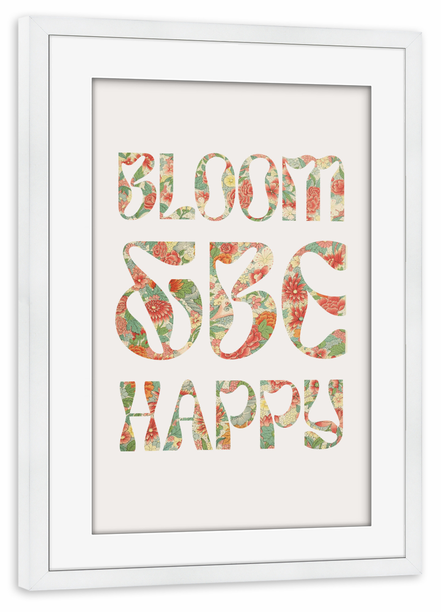 Poster mit Rahmen weiß "Bloom and Be Happy" artboxONE - Typografie,Floral,Liebe