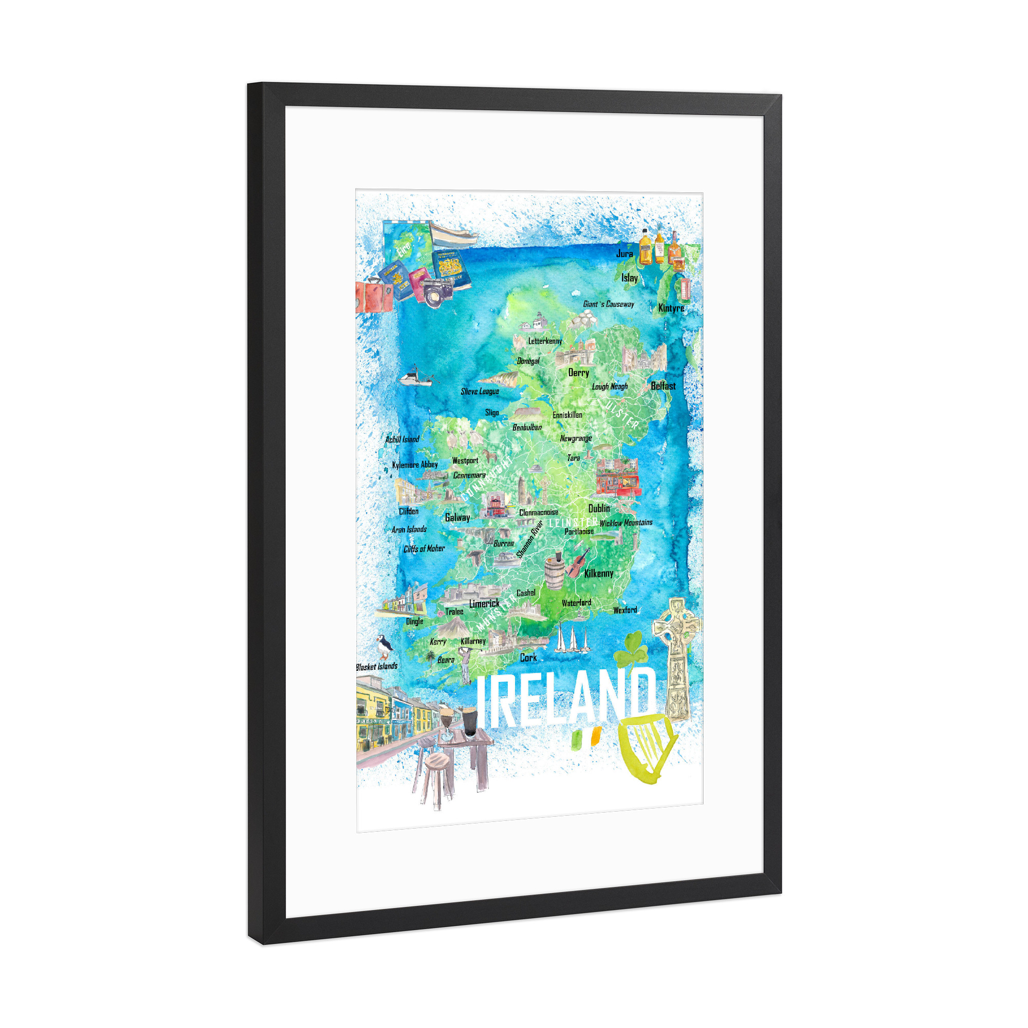 Poster mit Rahmen Schwarz (Metallic) "Irland Illustrierte Reisekarte" artboxONE - Reise,Reise / Länder,Kartografie