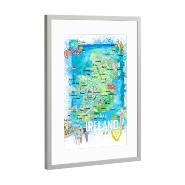 Poster mit Rahmen Silber "Irland Illustrierte Reisekarte" artboxONE - Reise,Reise / Länder,Kartografie