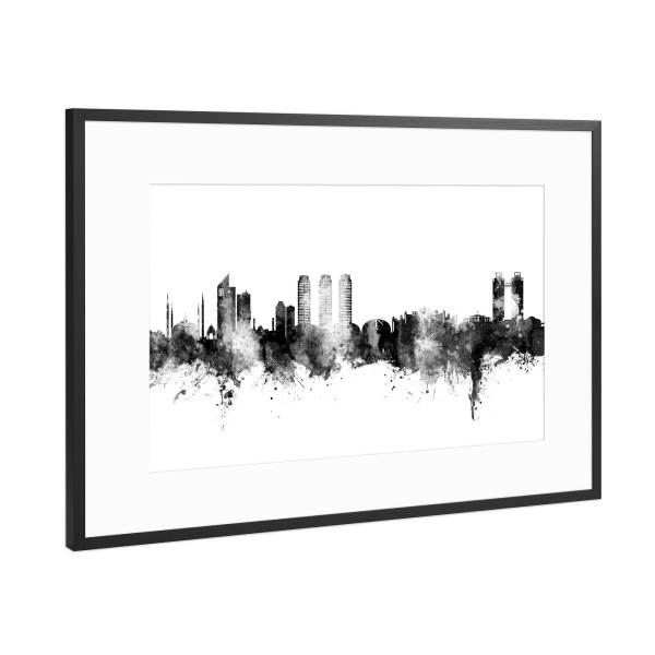 Poster mit Rahmen Schwarz (Metallic) "Islamabad Pakistan Skyline Black" artboxONE - Städte,Schwarzweiß