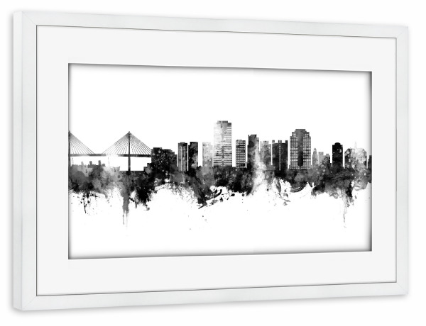 Poster mit Rahmen weiß "Long Beach Skyline Black" artboxONE - Städte,Schwarzweiß