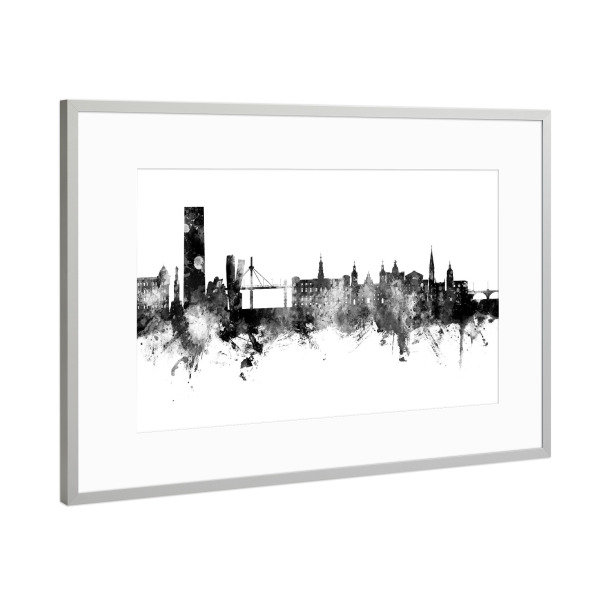 Poster mit Rahmen Silber "Bilbao Spain Skyline Black" artboxONE - Städte,Schwarzweiß