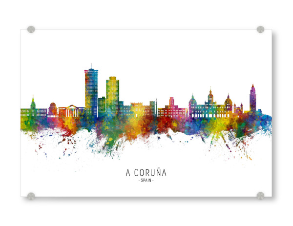 Acrylglasbild "A Coruña Spain Skyline txt" artboxONE - Städte - A coruña,Spain,Skyline,Cityscape,Stadtbild,Watercolor,City,Stadt,Spanien,Bunt,Colorful