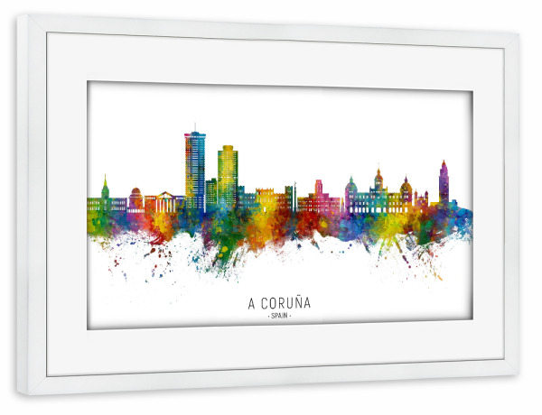 Poster mit Rahmen weiß "A Coruña Spain Skyline txt" artboxONE - Städte
