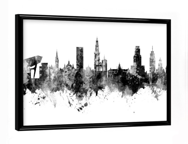 Poster mit schwarzem Rahmen "Antwerp Belgium Skyline Black" artboxONE - Städte,Schwarzweiß