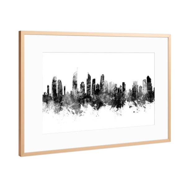 Poster mit Rahmen Kupfer "Gold Coast Skyline Black" artboxONE - Städte,Schwarzweiß