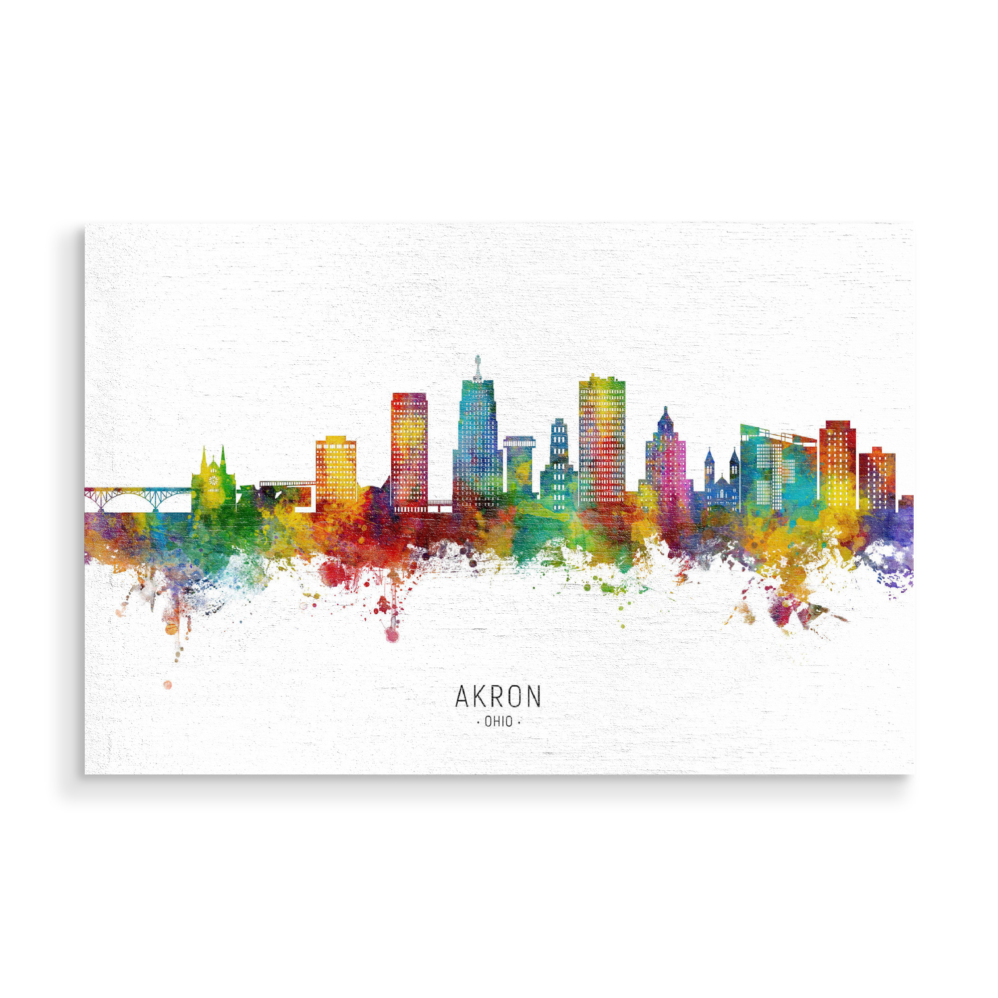 Holzbild "Akron Ohio Skyline txt" artboxONE - Städte - Akron,Ohio,Skyline,Cityscape,Stadtbild,Watercolor,Painting,Bunt,Colorful,Stadt,City