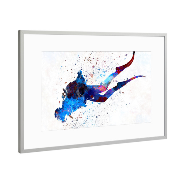 Poster mit Rahmen Silber "Man scuba diver in watercolor-c" artboxONE - Sport